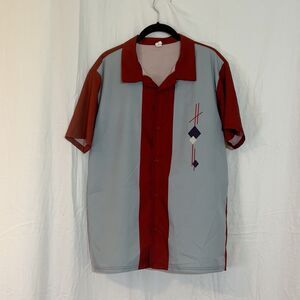 Chicyea Mens Shirt Large Red Gray Button Up Bowling Charlie Sheen Retro